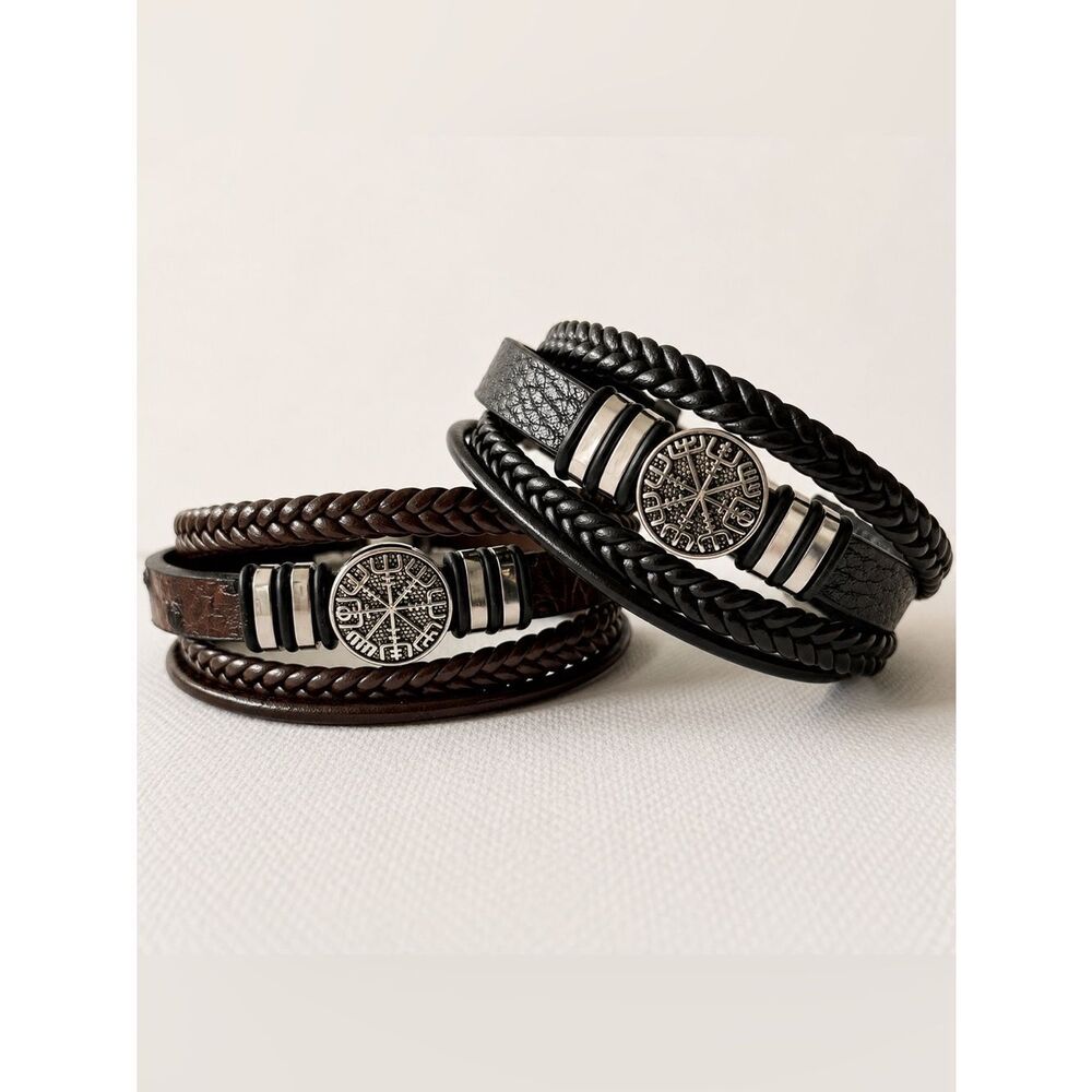 2 Viking Compass Bracelets Black Brown Vegan Leather Multi Strand Set